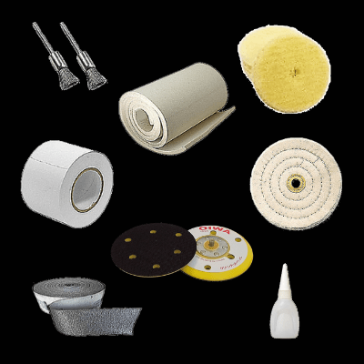 industrial item overview | sanding pad, white felt, wool polishing pad, super glue, industrial tape, graphite roll,
            cotton buffing wheel